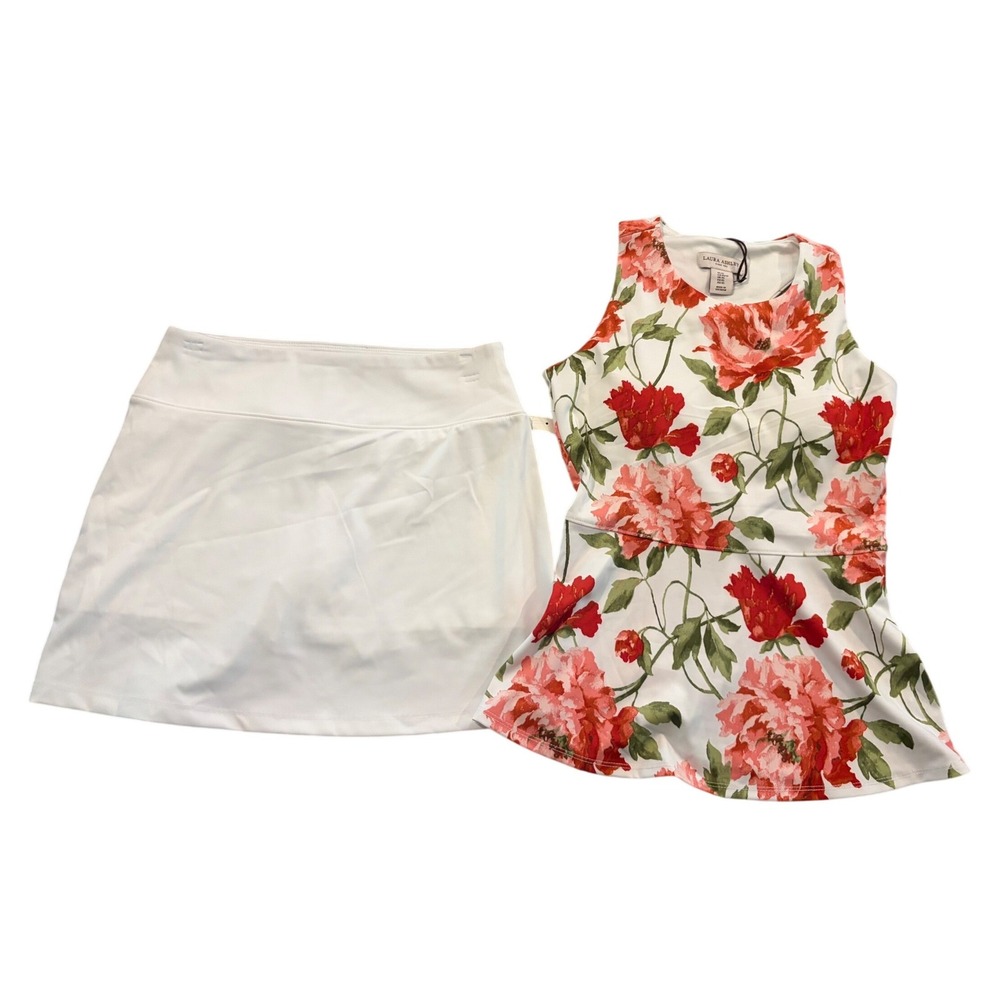 Laura Ashley Floral Activewear Set Top and Skort White Red UPF 50 XS NWT